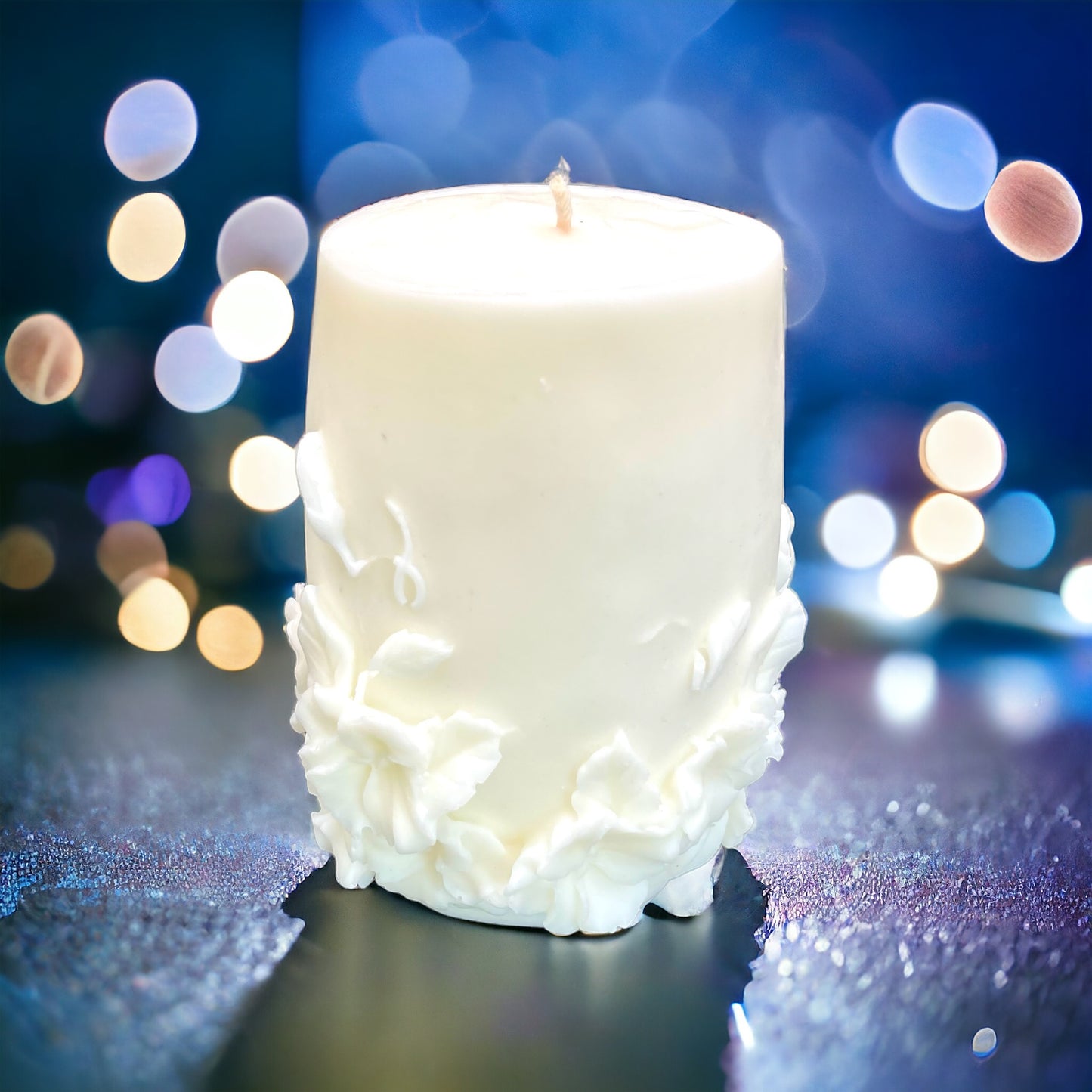 Elegant White Pillar Candle with Flowers