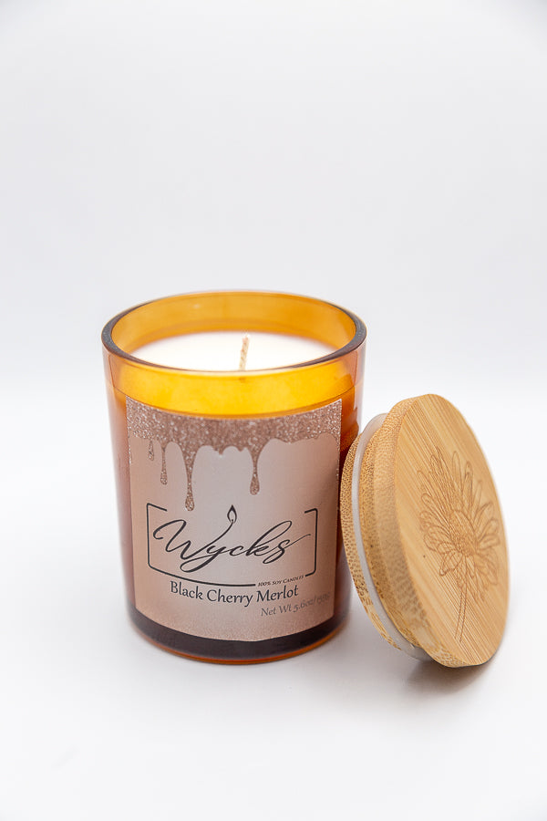 Black Cherry Merlot - Soy Candle in Amber Jar with Wood Lid